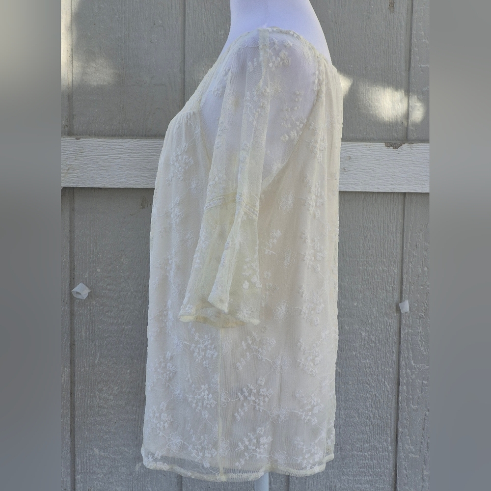 WESTPORT  Women's Blouse Floral Lace Peasant Top Bell Sleeves Cream Boho Size L - Picture 4 of 11